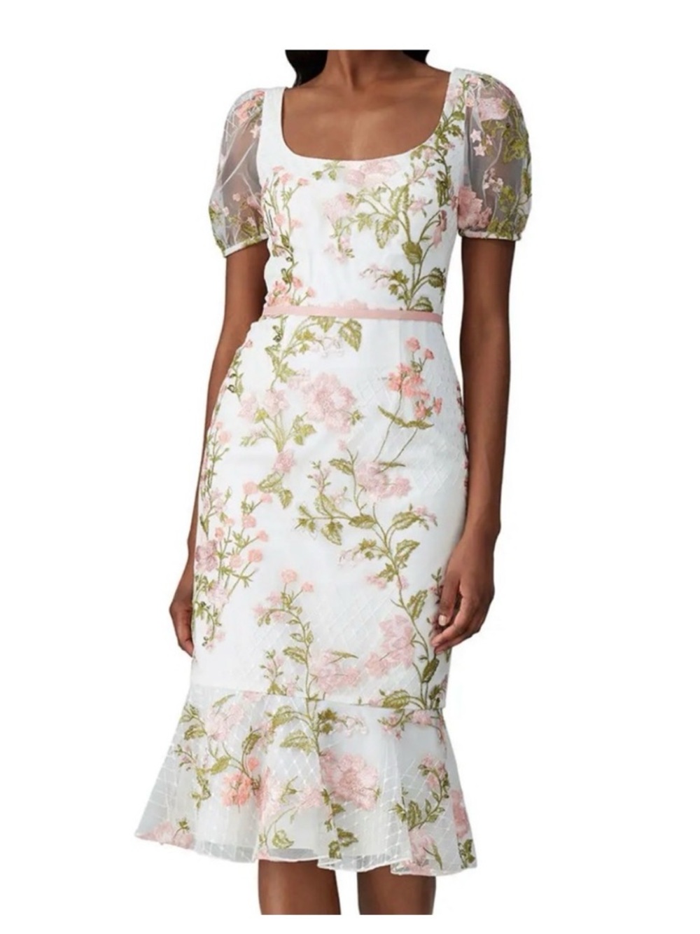 Marchesa Notte cream, floral embroidered puff sleeve midi dress size 10